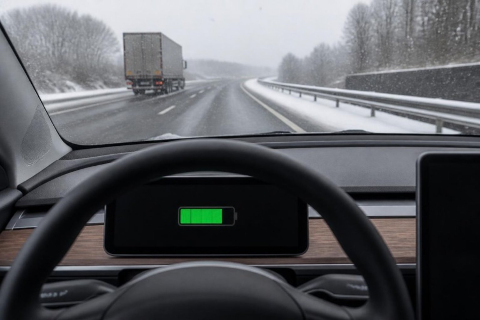 Conduciendo un coche eléctrico por una autovía nevada con el indicador de batería