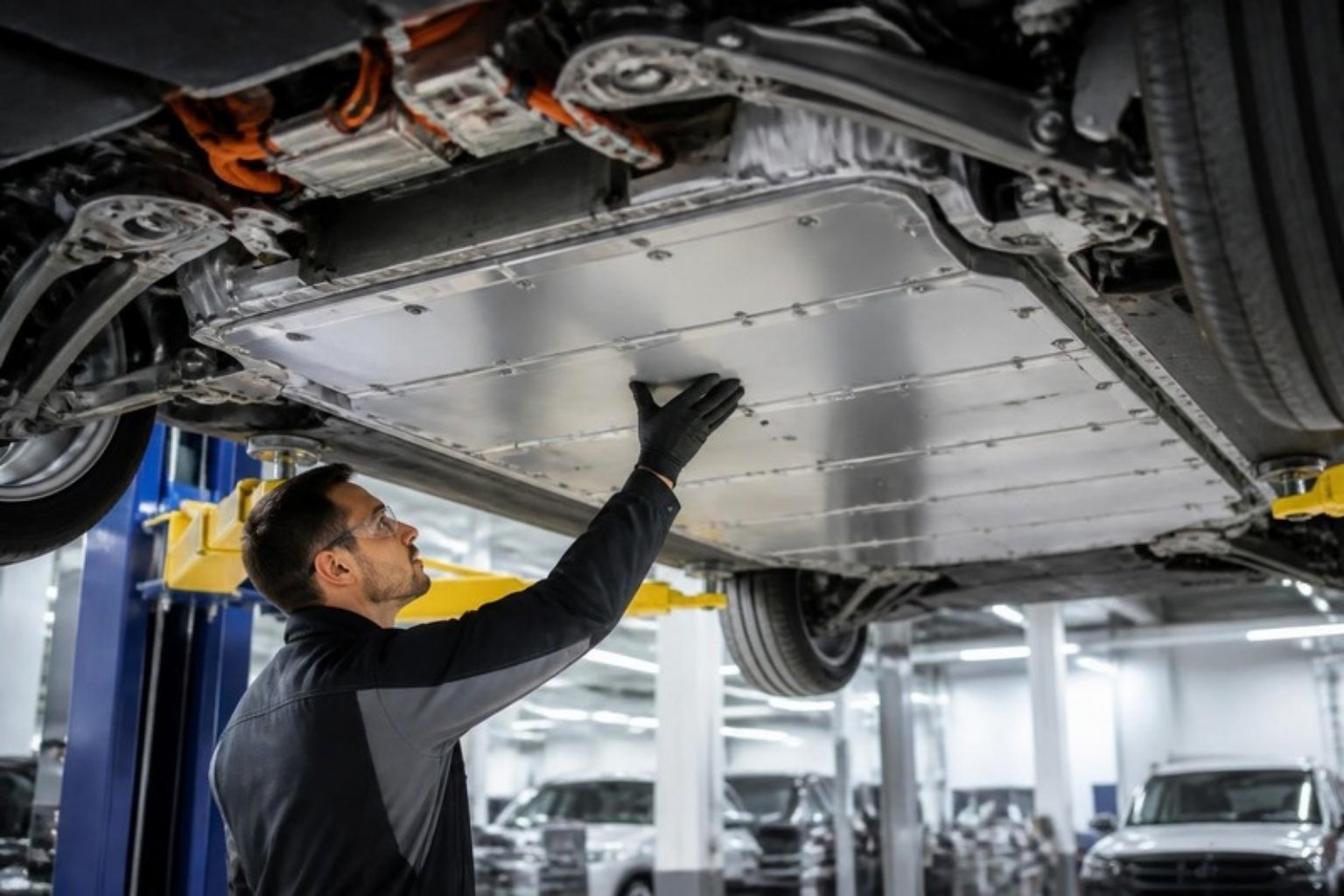 Técnico revisando el paquete de baterías en los bajos de un coche eléctrico