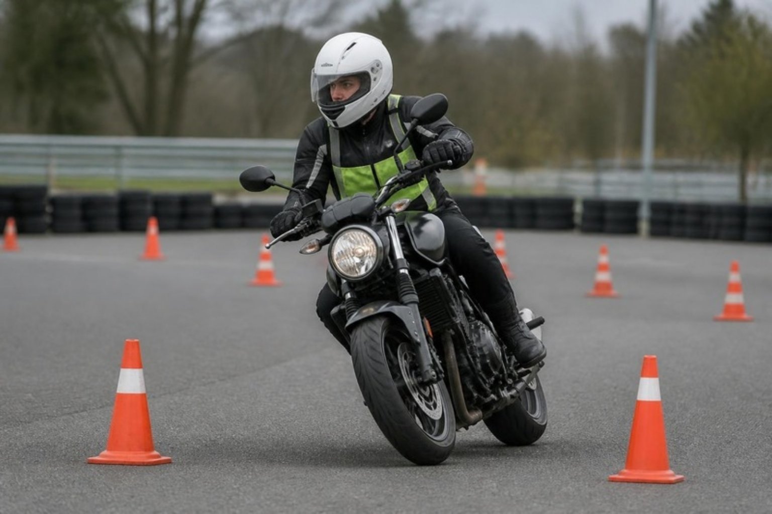 Alumno de moto haciendo el circuito de conos del examen del carné A2