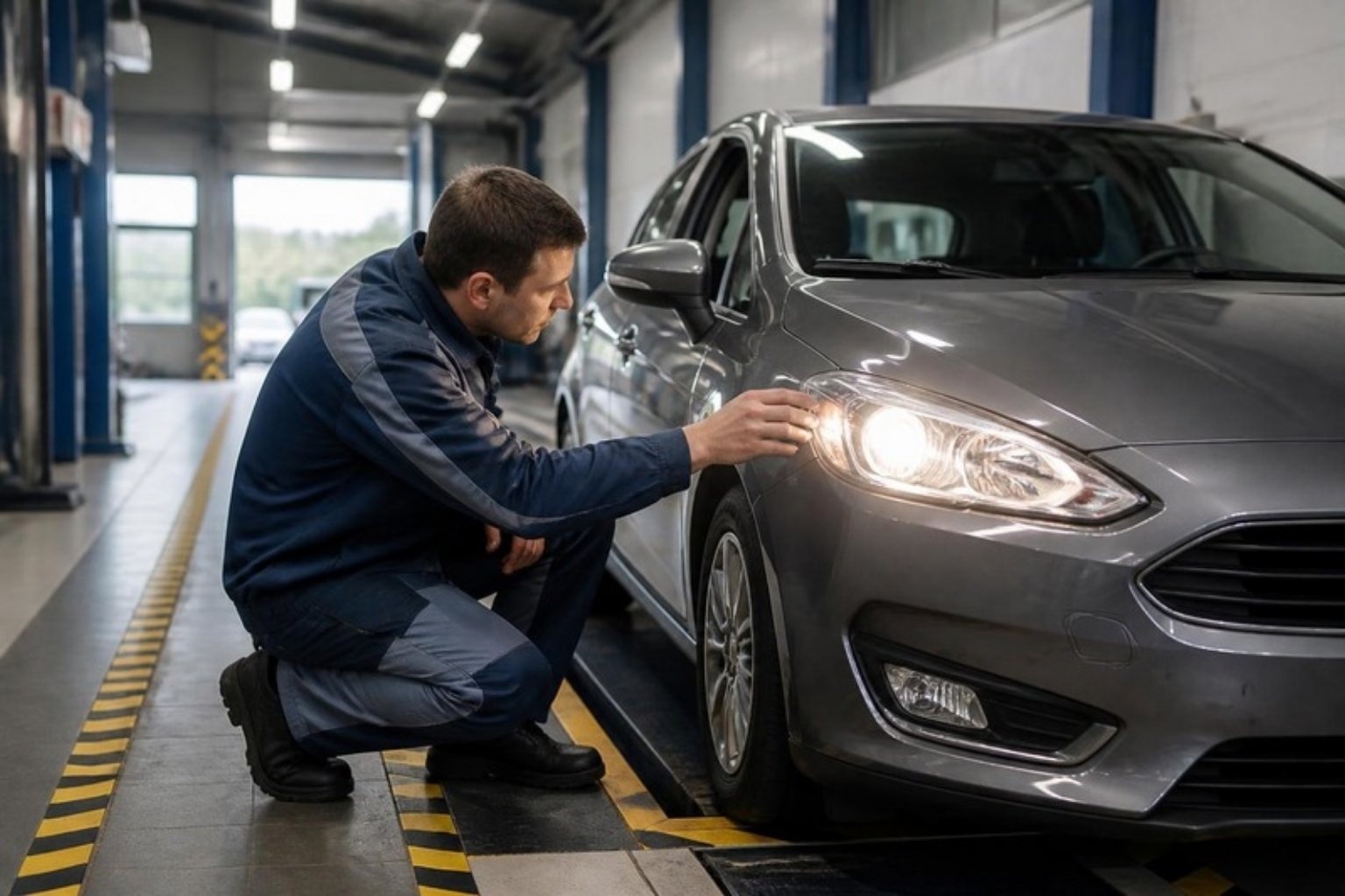 Inspector revisando los faros de un coche en una estación de ITV