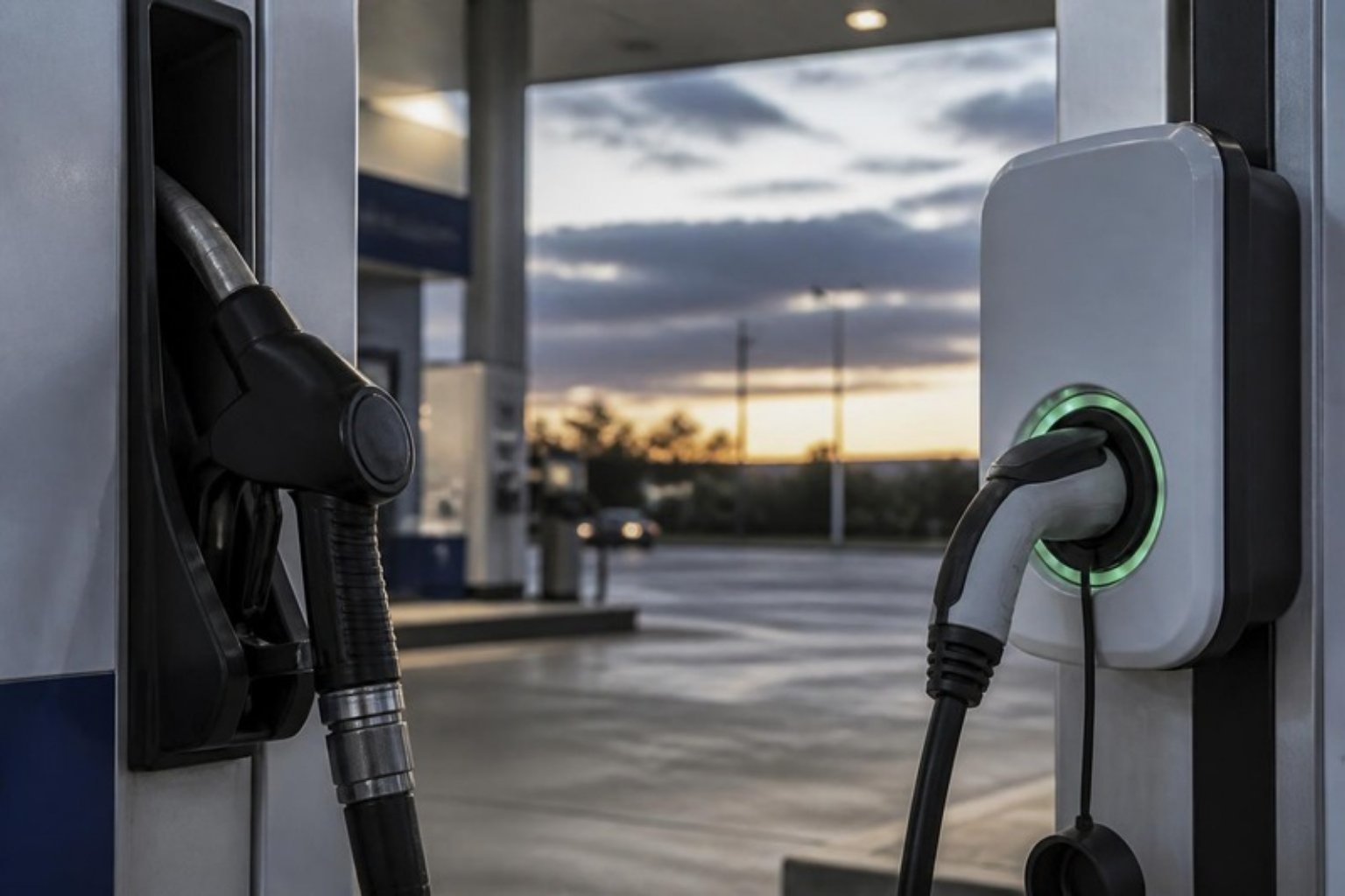 Surtidor de combustible junto a un cargador de coche eléctrico al atardecer